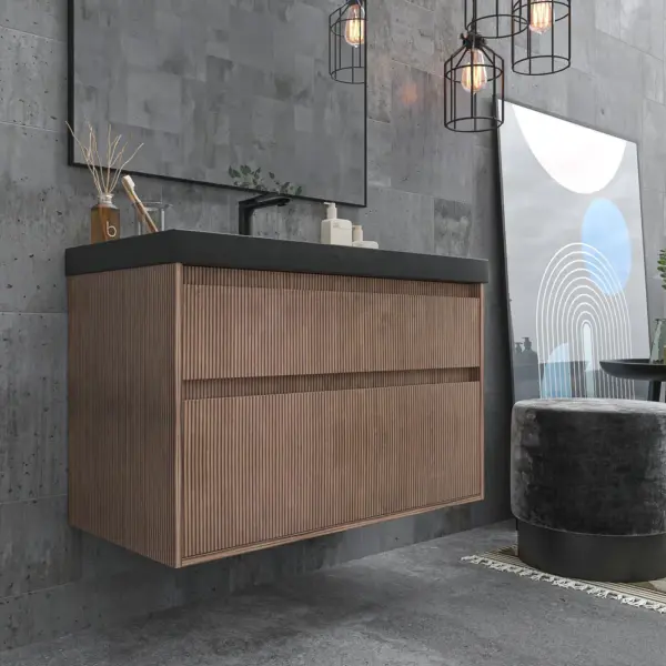 Mueble de baño suspendido 2 cajones YOKO Bastilla con lavabo resina  Negro