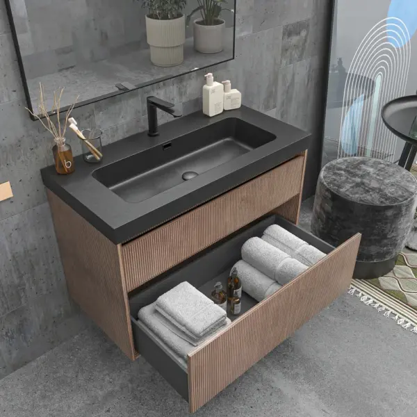 Mueble de baño suspendido 2 cajones YOKO Bastilla con lavabo resina  Negro - Imagen 2