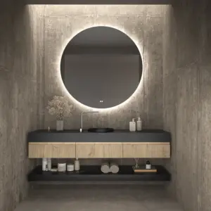 Mueble de baño NIC suspendido 3 cajones  ROBLE CLARO   encimera SOLID SURFACE Negro