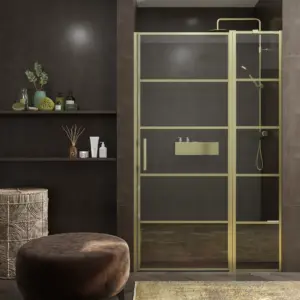 Mampara de ducha frontal OPEN 1 fijo - 1 puerta abatible serigrafia industrial lineas ORO MATE