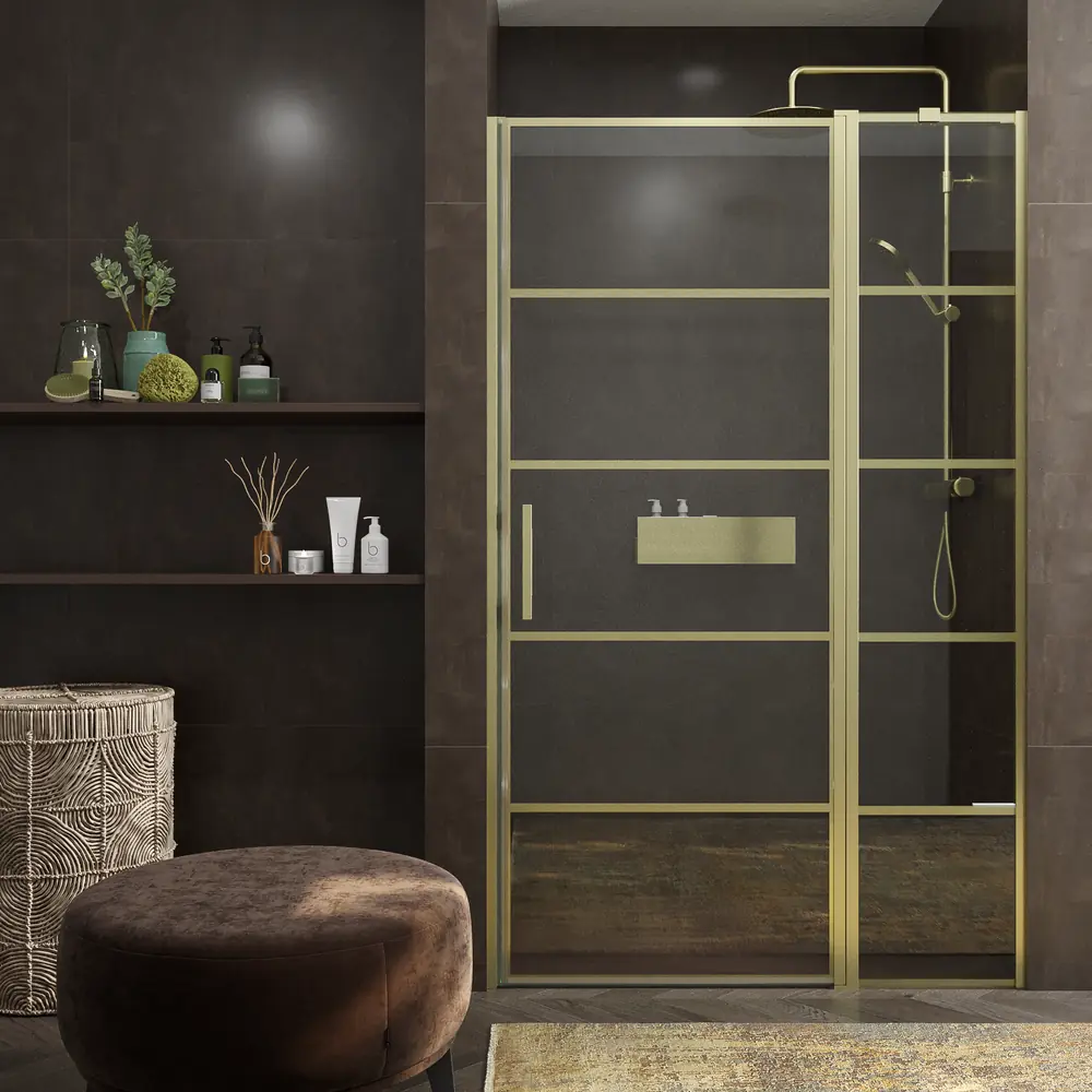 Mampara de ducha frontal OPEN 1 fijo - 1 puerta abatible serigrafia industrial lineas ORO MATE 1 Mampara de ducha frontal OPEN 1 fijo - 1 puerta abatible serigrafia industrial lineas ORO MATE