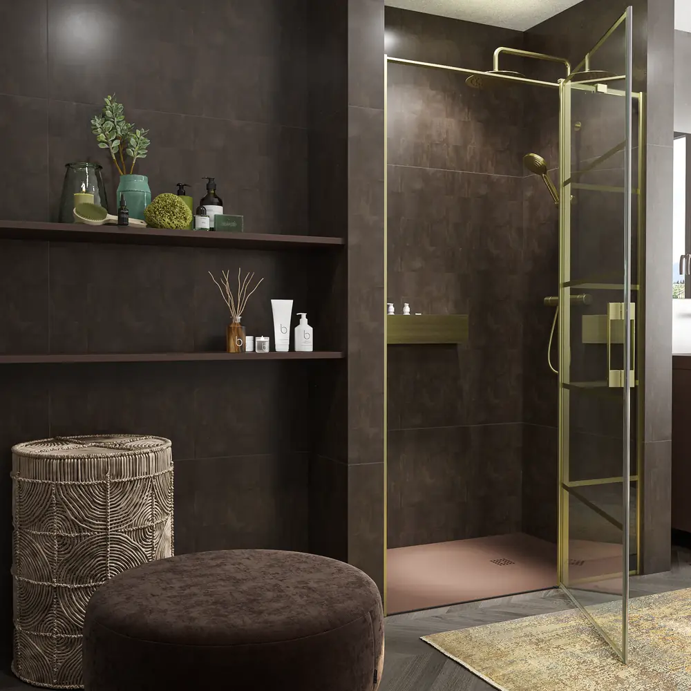 Mampara de ducha frontal OPEN 1 fijo - 1 puerta abatible serigrafia industrial lineas ORO MATE 3 Mampara de ducha frontal OPEN 1 fijo - 1 puerta abatible serigrafia industrial lineas ORO MATE - Imagen 3