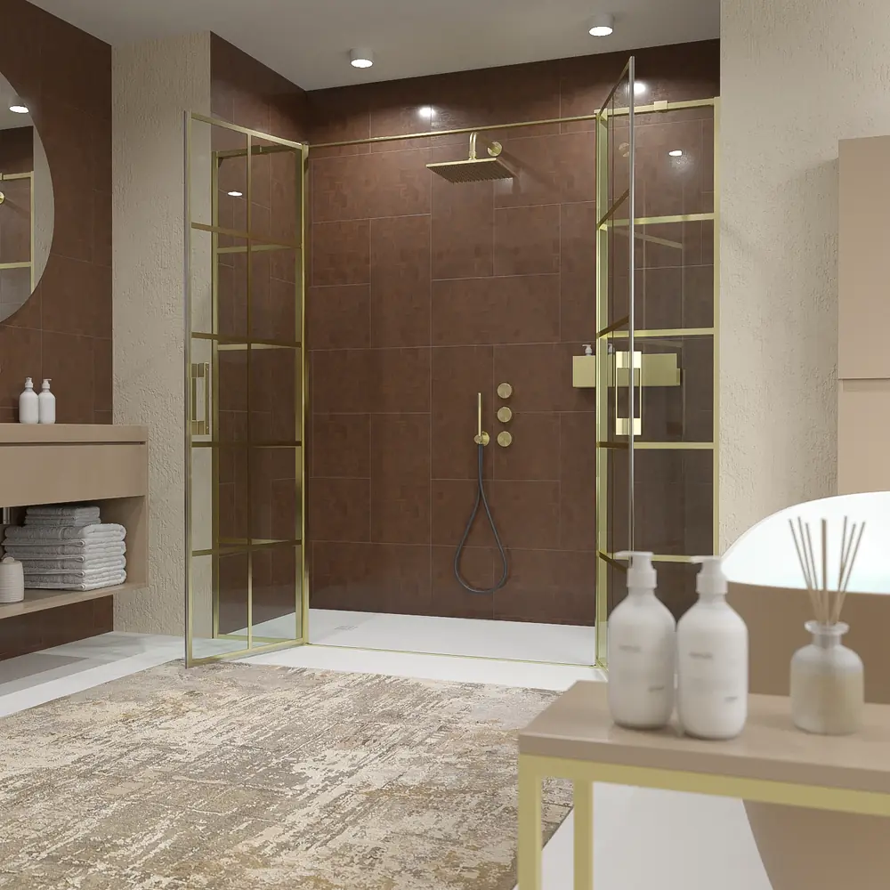 Mampara de ducha frontal OPEN 2 fijos - 2 puertas abatibles decorado industrial cuadros ORO MATE 4 Mampara de ducha frontal OPEN 2 fijos - 2 puertas abatibles decorado industrial cuadros ORO MATE - Imagen 4