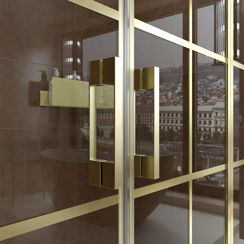 Mampara de ducha frontal OPEN 2 fijos - 2 puertas abatibles decorado industrial cuadros ORO MATE 3 Mampara de ducha frontal OPEN 2 fijos - 2 puertas abatibles decorado industrial cuadros ORO MATE - Imagen 3