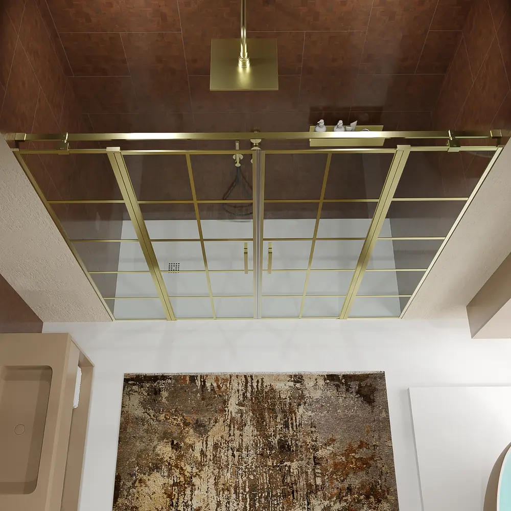 Mampara de ducha frontal OPEN 2 fijos - 2 puertas abatibles decorado industrial cuadros ORO MATE 2 Mampara de ducha frontal OPEN 2 fijos - 2 puertas abatibles decorado industrial cuadros ORO MATE - Imagen 2