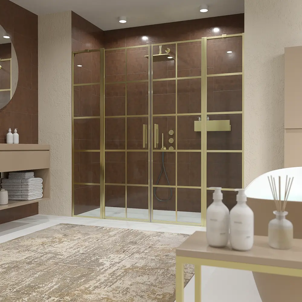 Mampara de ducha frontal OPEN 2 fijos - 2 puertas abatibles decorado industrial cuadros ORO MATE 1 Mampara de ducha frontal OPEN 2 fijos - 2 puertas abatibles decorado industrial cuadros ORO MATE
