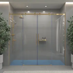 Mampara de ducha acero inoxidable LEXY frontal 2 fijos - 2 puertas correderas vidrio 8 mm. ORO MATE