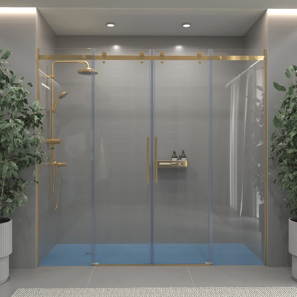 Mampara de ducha acero inoxidable LEXY frontal 2 fijos - 2 puertas correderas vidrio 8 mm. ORO MATE 1 Mampara de ducha acero inoxidable LEXY frontal 2 fijos - 2 puertas correderas vidrio 8 mm. ORO MATE