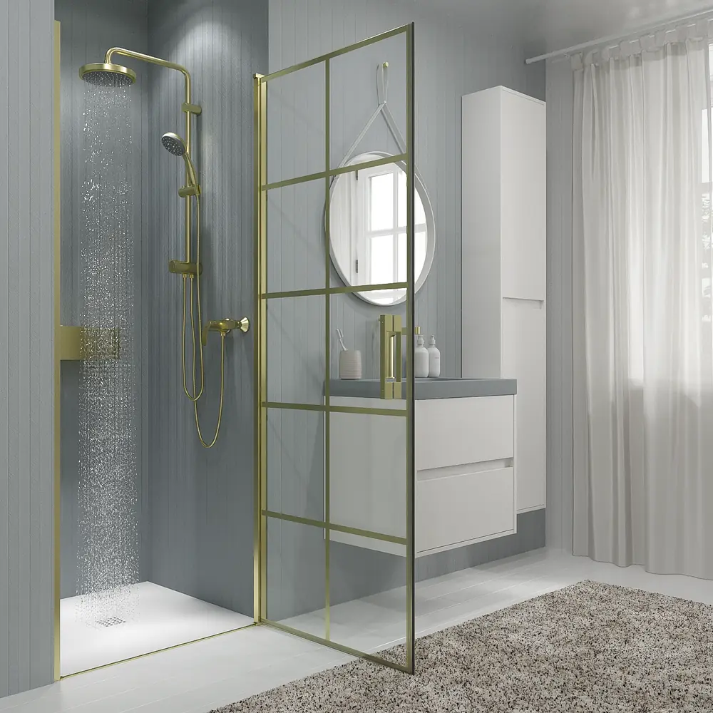 Mampara de ducha frontal OPEN 1 puerta SERIGRAFIADA abatible a medida acabado ORO MATE 2 Mampara de ducha frontal OPEN 1 puerta SERIGRAFIADA abatible a medida acabado ORO MATE - Imagen 2