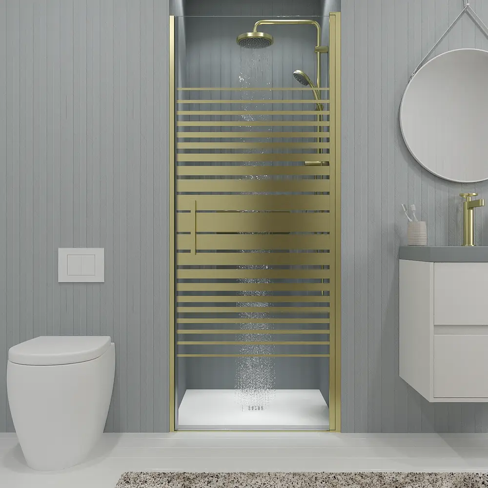 Mampara de ducha frontal OPEN 1 puerta SERIGRAFIADA abatible a medida acabado ORO MATE 11 Mampara de ducha frontal OPEN 1 puerta SERIGRAFIADA abatible a medida acabado ORO MATE - Imagen 11