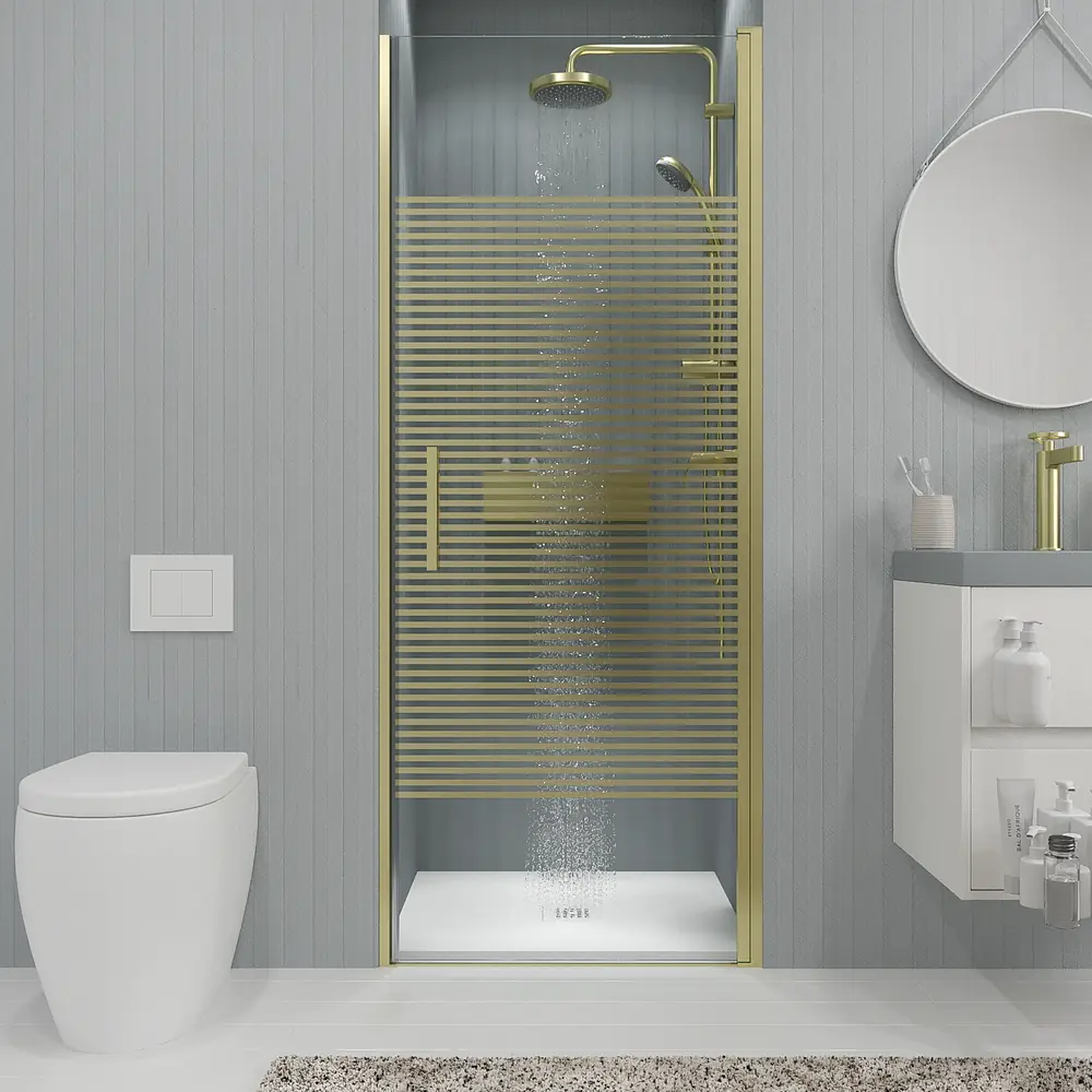 Mampara de ducha frontal OPEN 1 puerta SERIGRAFIADA abatible a medida acabado ORO MATE 10 Mampara de ducha frontal OPEN 1 puerta SERIGRAFIADA abatible a medida acabado ORO MATE - Imagen 10