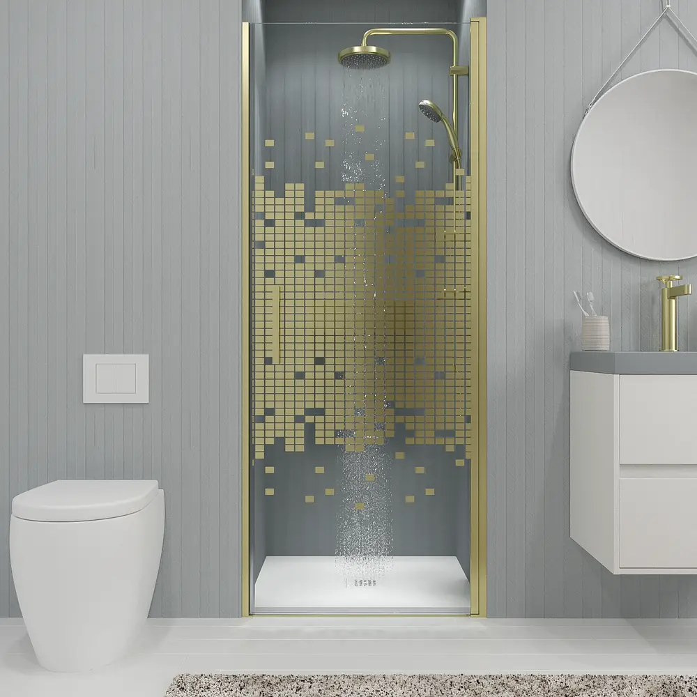 Mampara de ducha frontal OPEN 1 puerta SERIGRAFIADA abatible a medida acabado ORO MATE 8 Mampara de ducha frontal OPEN 1 puerta SERIGRAFIADA abatible a medida acabado ORO MATE - Imagen 8