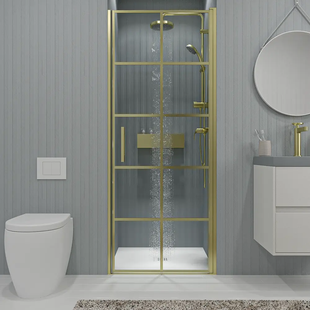 Mampara de ducha frontal OPEN 1 puerta SERIGRAFIADA abatible a medida acabado ORO MATE 1 Mampara de ducha frontal OPEN 1 puerta SERIGRAFIADA abatible a medida acabado ORO MATE