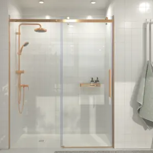 Mampara de ducha acero inoxidable LEXY frontal 1 fijo - 1 puerta corredera vidrio 8 mm. COBRE