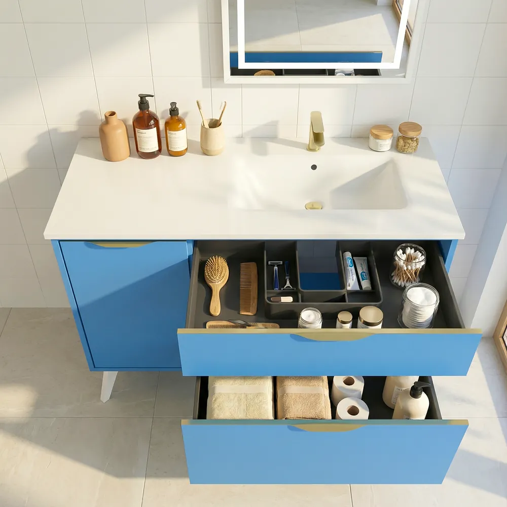 Mueble de baño con patas 2 cajones / 1 puerta 120 cm KLUM con lavabo Solid Surface AZUL LUMINOSO 4 Mueble de baño con patas 2 cajones / 1 puerta 120 cm KLUM con lavabo Solid Surface AZUL LUMINOSO - Imagen 4