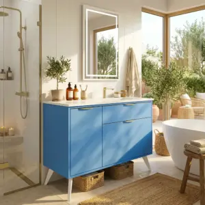 Mueble de baño con patas 2 cajones / 1 puerta  120 cm  KLUM con lavabo Solid Surface  AZUL LUMINOSO