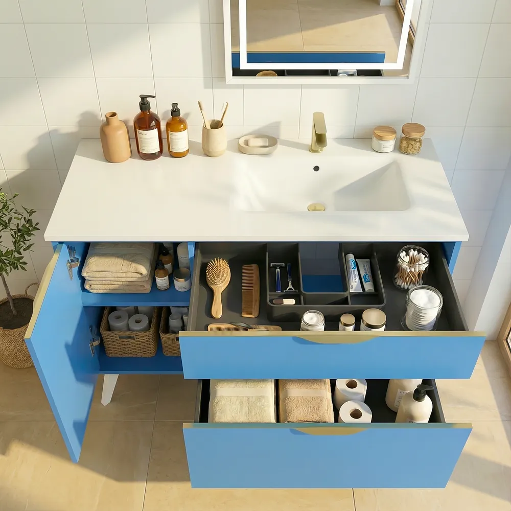 Mueble de baño con patas 2 cajones / 1 puerta 120 cm KLUM con lavabo Solid Surface AZUL LUMINOSO 2 Mueble de baño con patas 2 cajones / 1 puerta 120 cm KLUM con lavabo Solid Surface AZUL LUMINOSO - Imagen 2