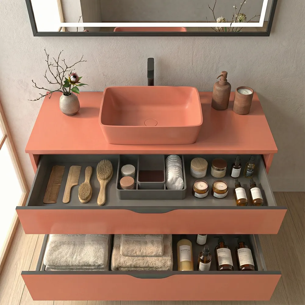 Mueble de baño con patas 2 cajones KLUM con lavabo Solid Surface SALMON 3 Mueble de baño con patas 2 cajones KLUM con lavabo Solid Surface SALMON - Imagen 3