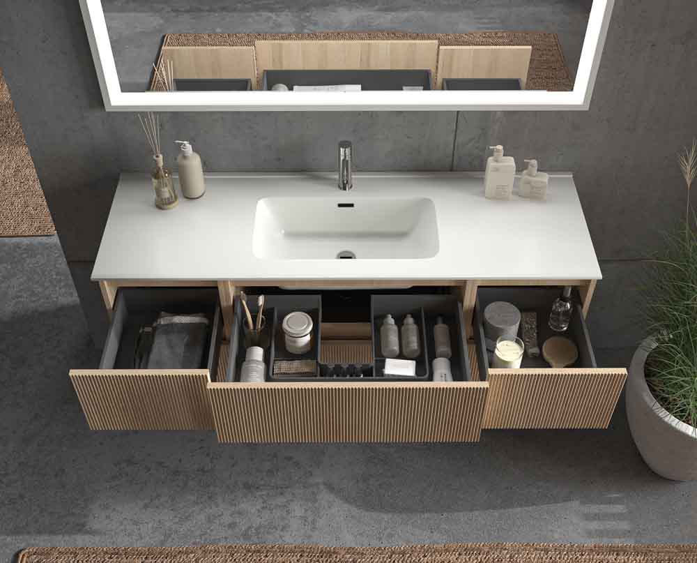 Mueble de baño suspendido REXA 6 cajones acabado madera Roble Claro con lavabo de porcelana - Imagen 5