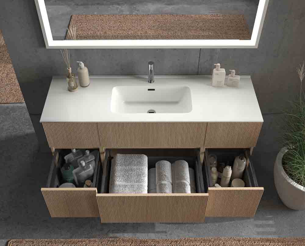 Mueble de baño suspendido REXA 6 cajones acabado madera Roble Claro con lavabo de porcelana - Imagen 4