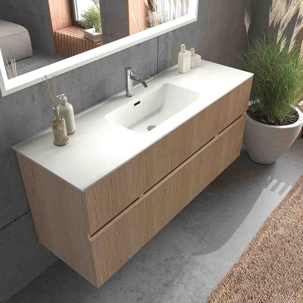 Mueble de baño suspendido REXA 6 cajones acabado madera Roble Claro con lavabo de porcelana - Imagen 2