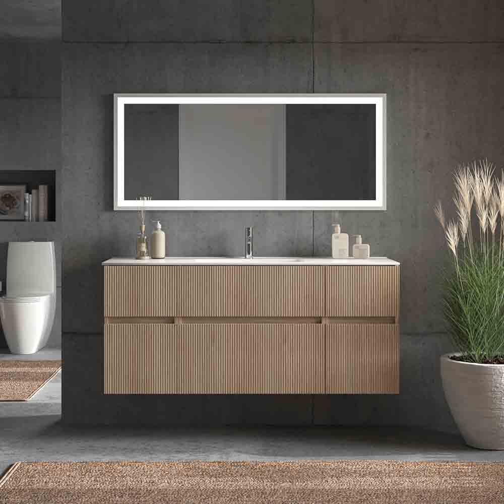 Mueble de baño suspendido REXA 6 cajones acabado madera Roble Claro con lavabo de porcelana