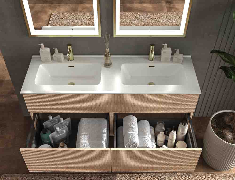 Mueble de baño suspendido REXA 4 cajones acabado madera Cembrano con lavabo 2 senos de porcelana - Imagen 3