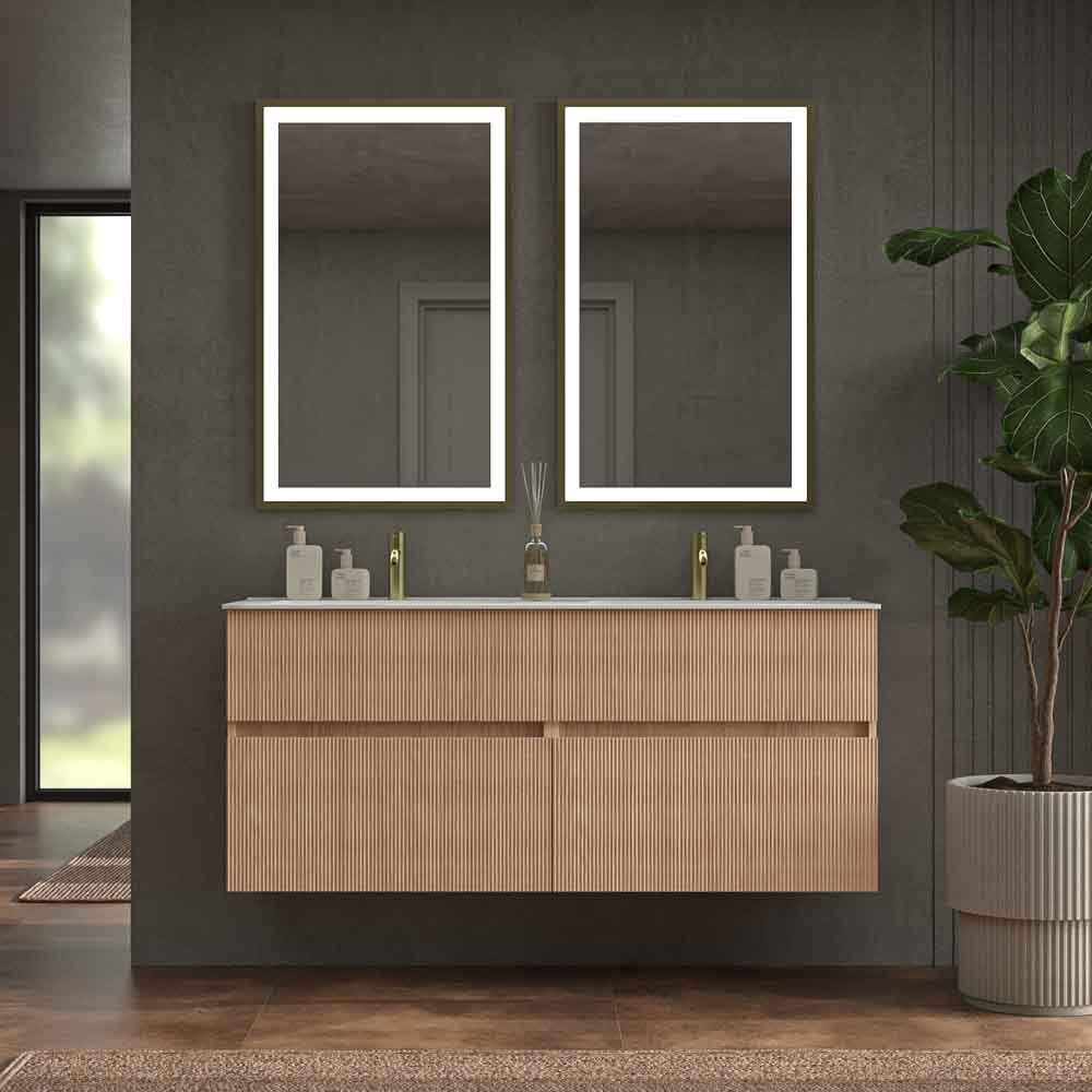 Mueble de baño suspendido REXA 4 cajones acabado madera Cembrano con lavabo 2 senos de porcelana