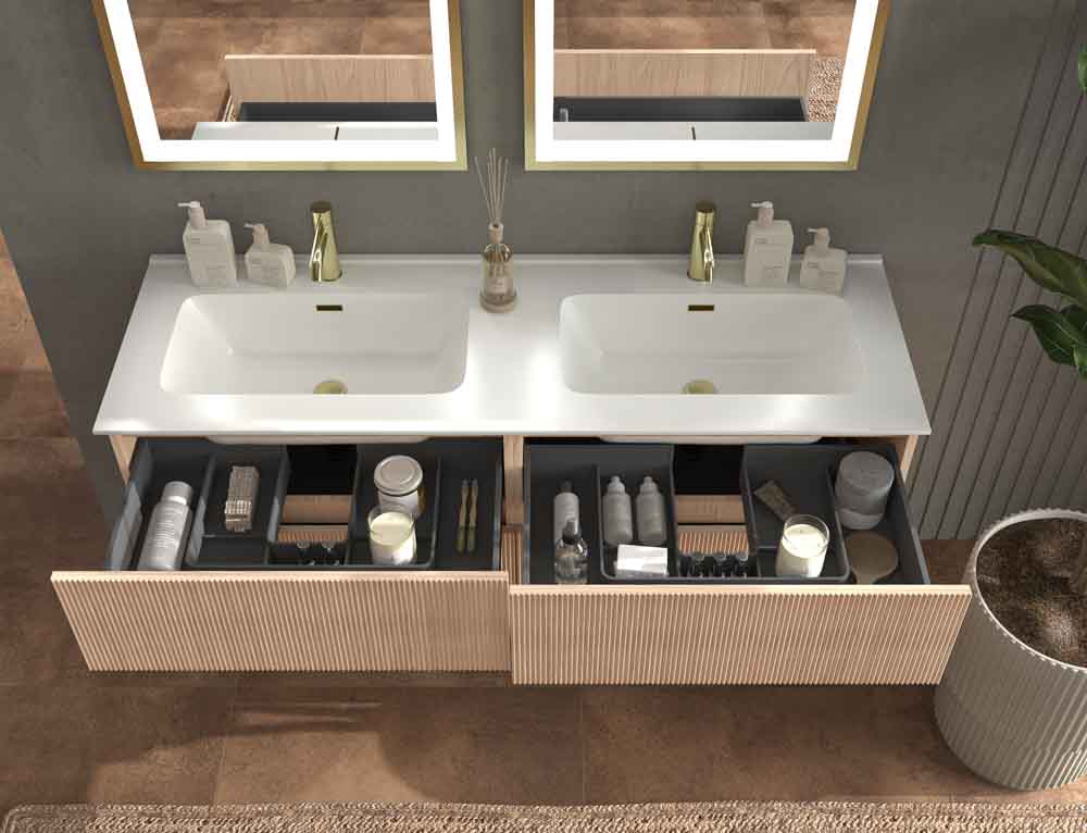 Mueble de baño suspendido REXA 4 cajones acabado madera Cembrano con lavabo 2 senos de porcelana - Imagen 4