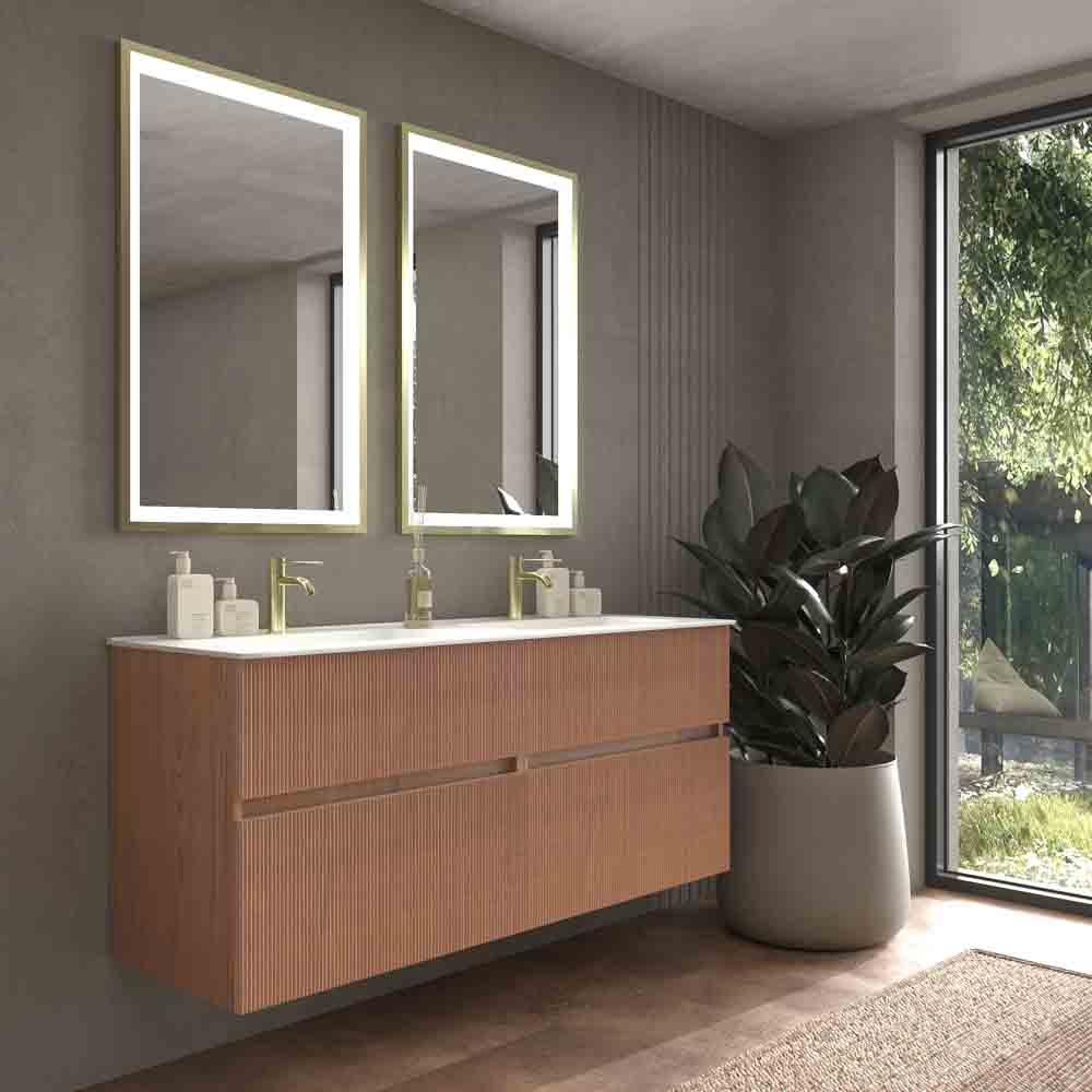 Mueble de baño suspendido REXA 4 cajones acabado madera Abedul con lavabo 2 senos de porcelana - Imagen 3