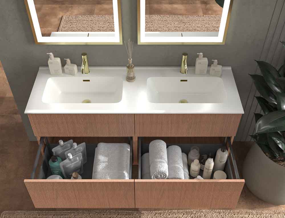 Mueble de baño suspendido REXA 4 cajones acabado madera Abedul con lavabo 2 senos de porcelana - Imagen 4