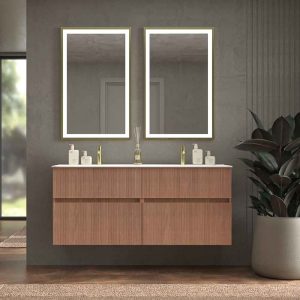 Mueble de baño suspendido REXA 4 cajones acabado madera Abedul con lavabo 2 senos de porcelana