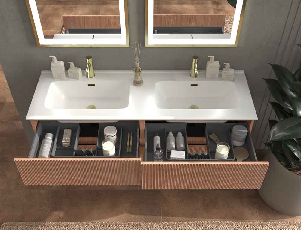 Mueble de baño suspendido REXA 4 cajones acabado madera Abedul con lavabo 2 senos de porcelana - Imagen 2