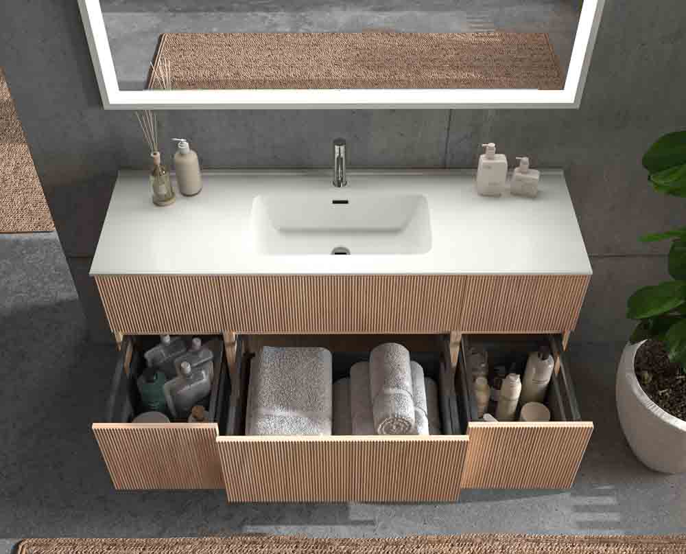 Mueble de baño suspendido REXA 6 cajones acabado madera Cembrano con lavabo de porcelana - Imagen 4