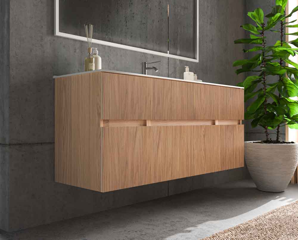 Mueble de baño suspendido REXA 6 cajones acabado madera Cembrano con lavabo de porcelana - Imagen 3