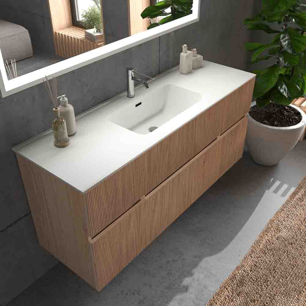 Mueble de baño suspendido REXA 6 cajones acabado madera Cembrano con lavabo de porcelana - Imagen 2