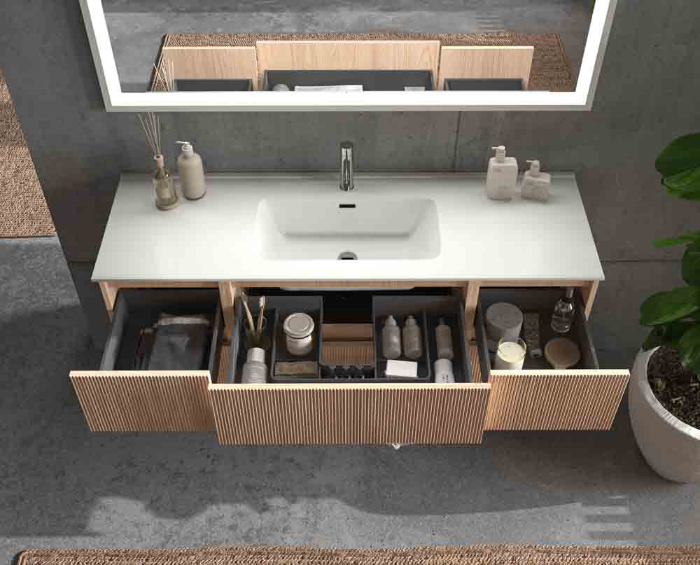 Mueble de baño suspendido REXA 6 cajones acabado madera Cembrano con lavabo de porcelana - Imagen 5
