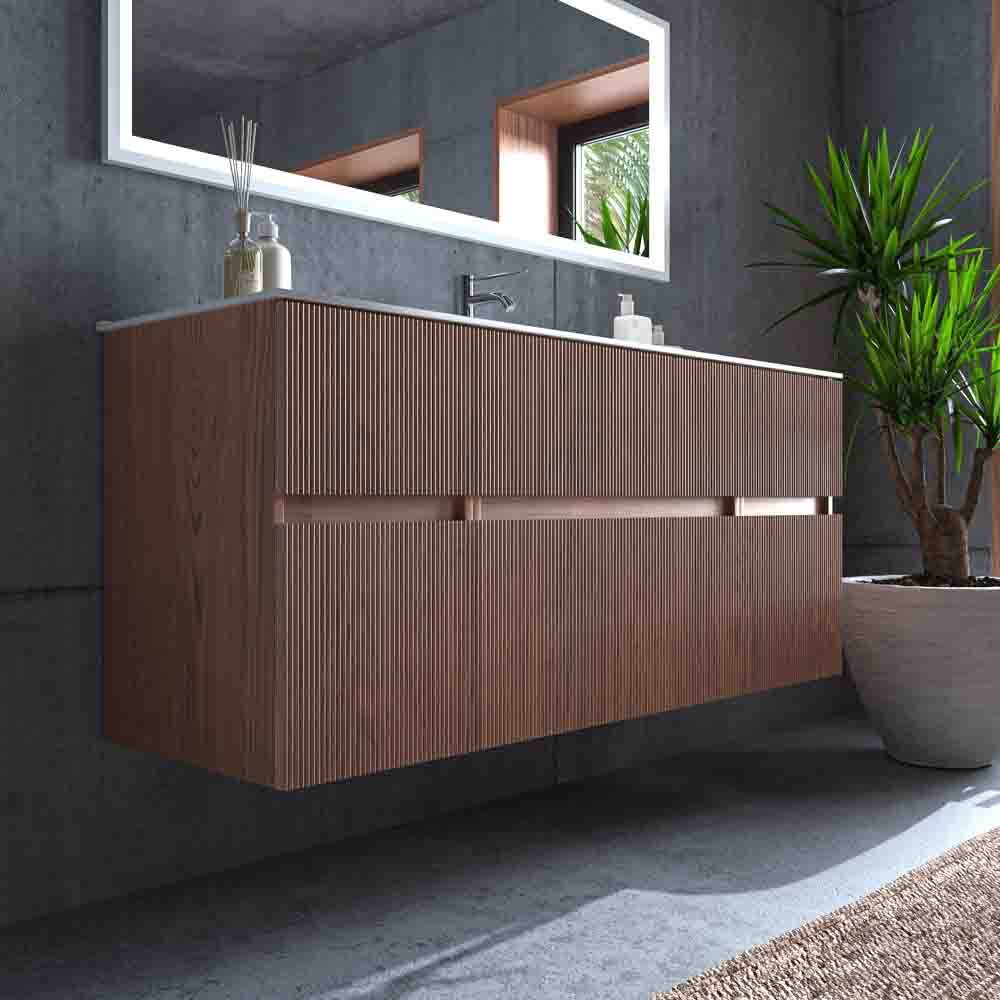 Mueble de baño suspendido REXA 6 cajones acabado madera Abedul con lavabo de porcelana - Imagen 2