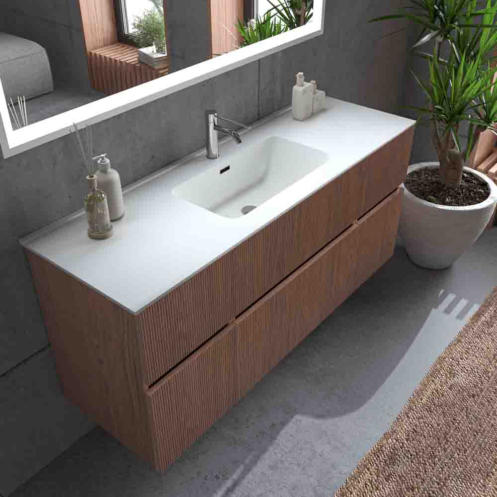 Mueble de baño suspendido REXA 6 cajones acabado madera Abedul con lavabo de porcelana - Imagen 3