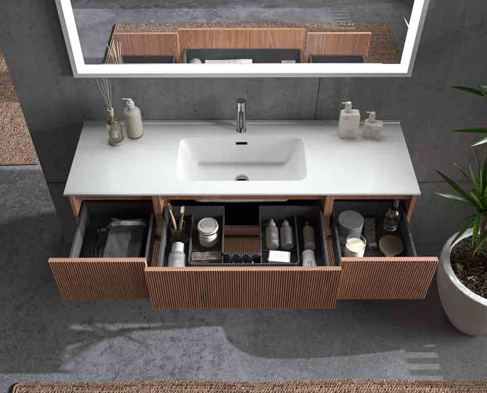 Mueble de baño suspendido REXA 6 cajones acabado madera Abedul con lavabo de porcelana - Imagen 4