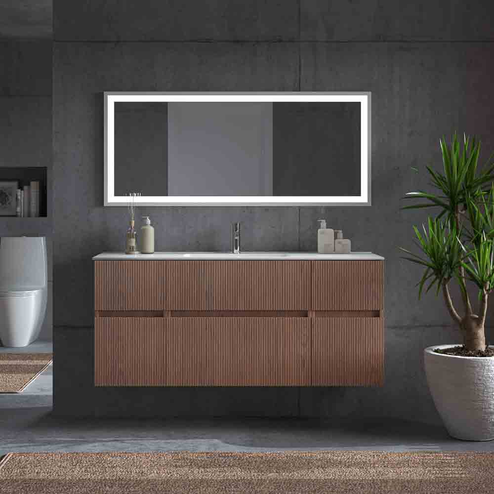 Mueble de baño suspendido REXA 6 cajones acabado madera Abedul con lavabo de porcelana