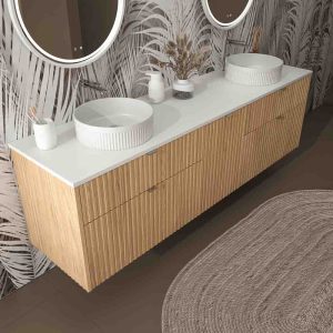 Mueble de baño TREX 170 cm 4 cajones / 1 puerta CEMBRANO frente liso - Tapa Solid Surface con 2 lavabos OSIRIS Solid Surface blanco
