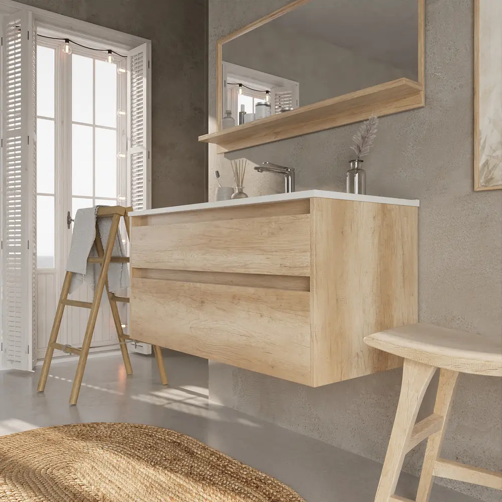 Mueble de baño suspendido 2 cajones SABIC con lavabo porcelana ROBLE ARIZONA - Imagen 6