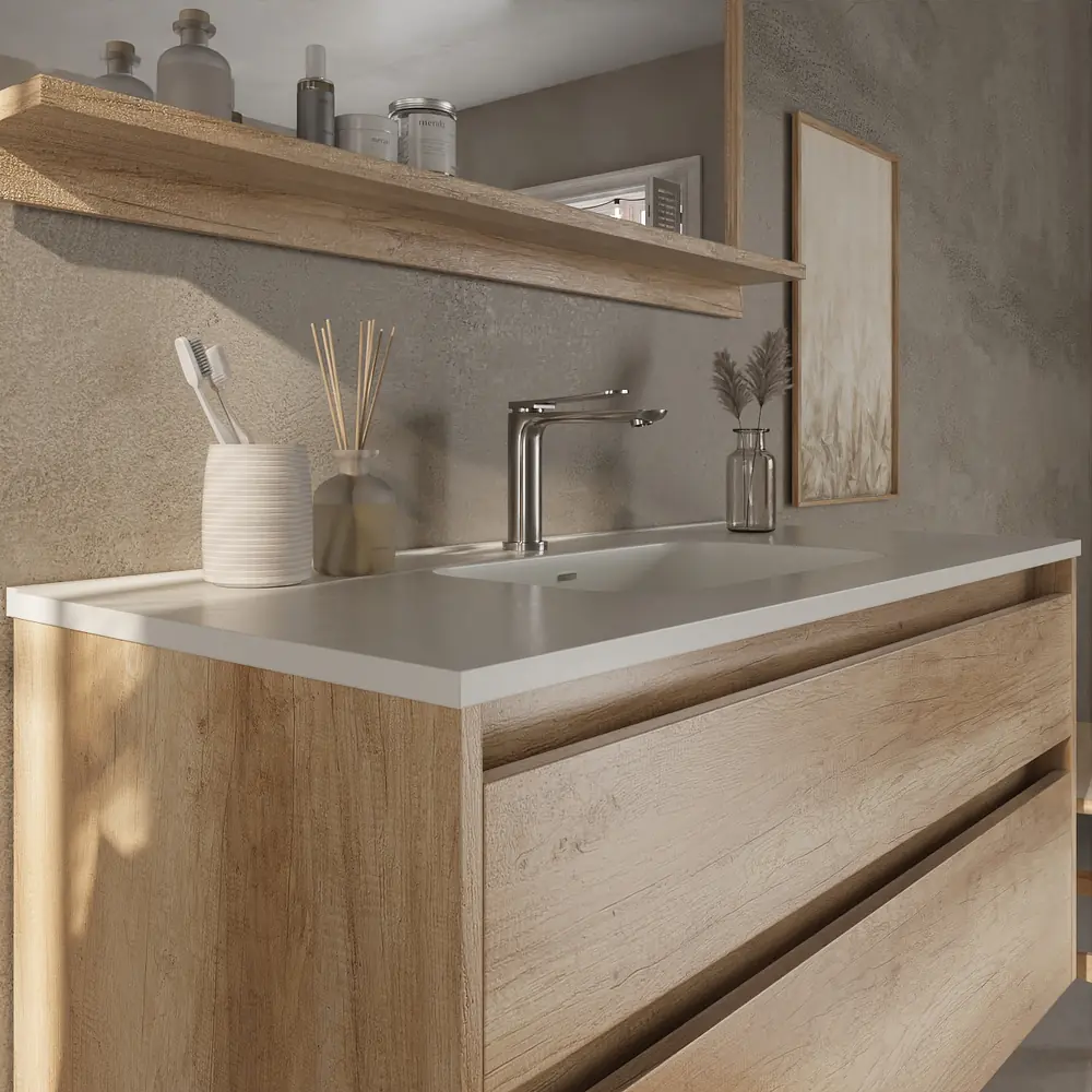 Mueble de baño suspendido 2 cajones SABIC con lavabo porcelana ROBLE ARIZONA - Imagen 5
