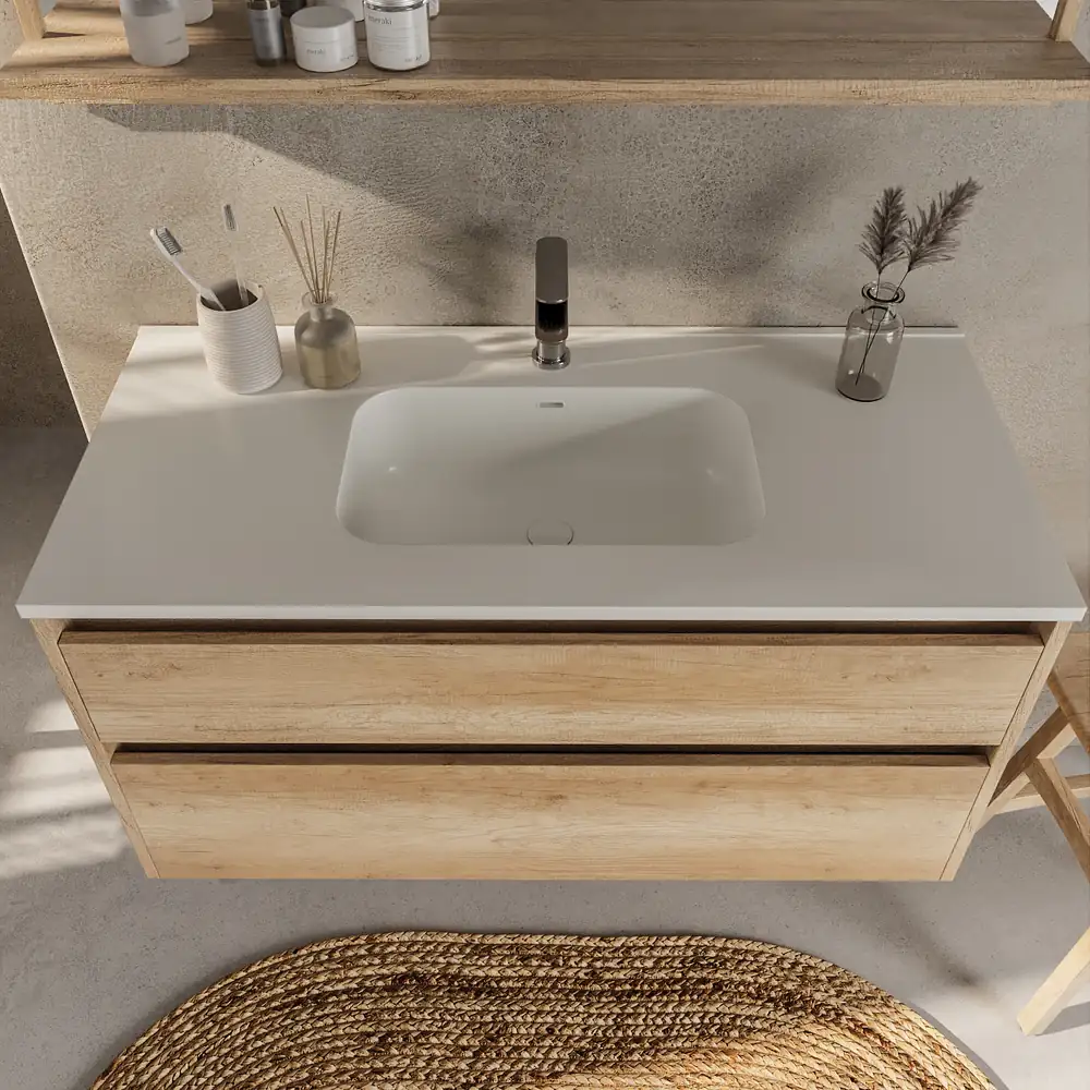 Mueble de baño suspendido 2 cajones SABIC con lavabo porcelana ROBLE ARIZONA - Imagen 4
