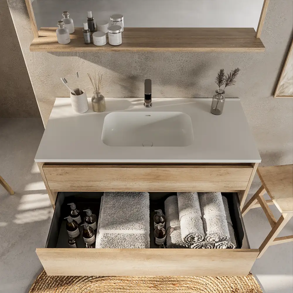 Mueble de baño suspendido 2 cajones SABIC con lavabo porcelana ROBLE ARIZONA - Imagen 3