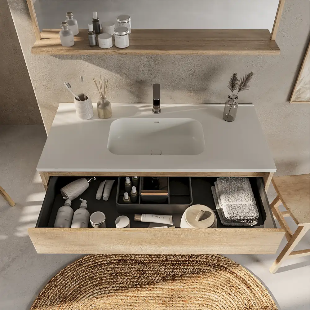 Mueble de baño suspendido 2 cajones SABIC con lavabo porcelana ROBLE ARIZONA - Imagen 2