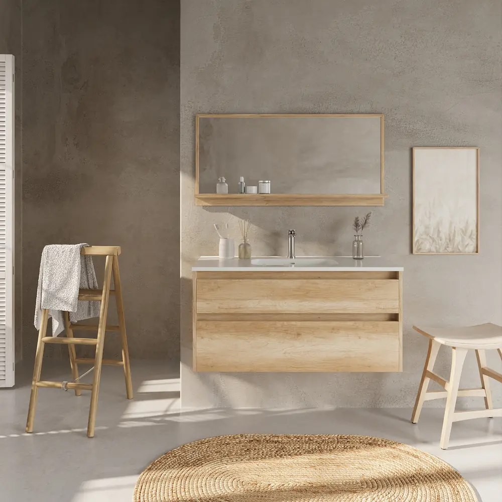 Mueble de baño suspendido 2 cajones SABIC con lavabo porcelana ROBLE ARIZONA