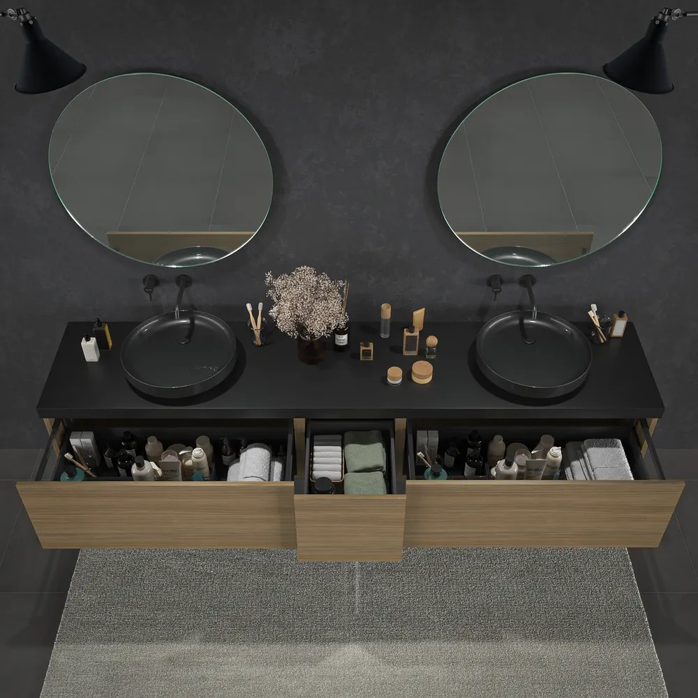 Mueble de baño TESIS suspendido 2 cajones + cesto de ropa Nogal Fausto con encimera SOLID SURFACE Negro - Imagen 7