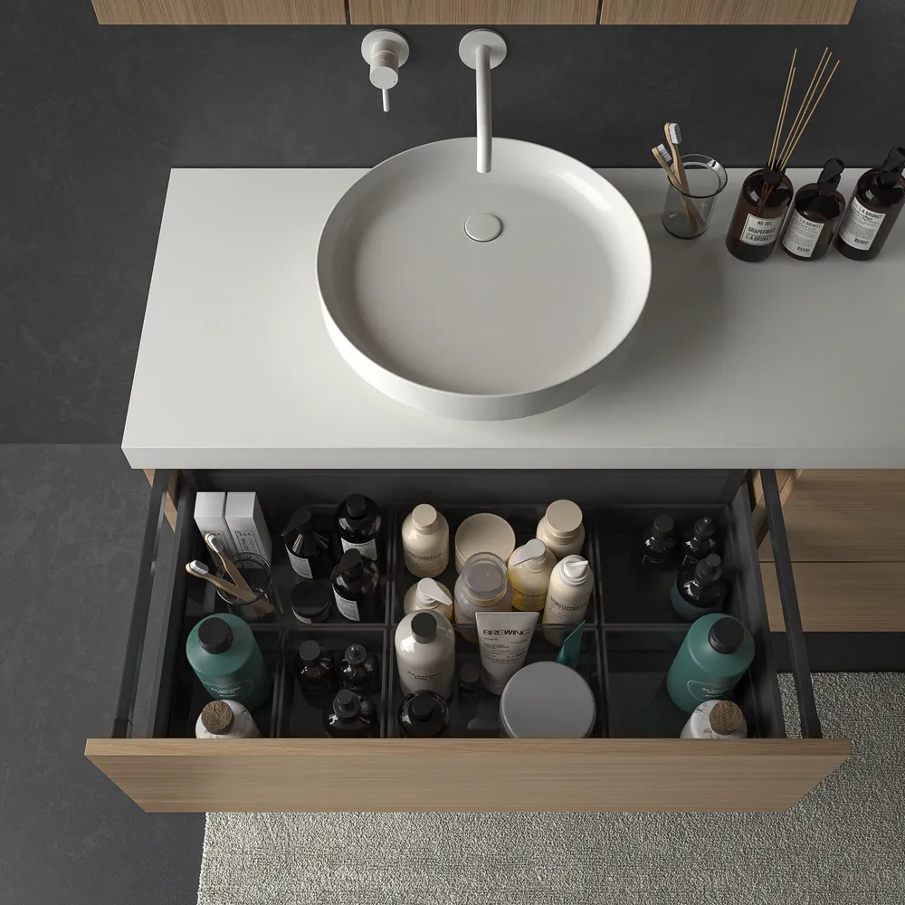 Mueble de baño TESIS suspendido 4 cajones con encimera SOLID SURFACE Nogal Boheme - Imagen 5